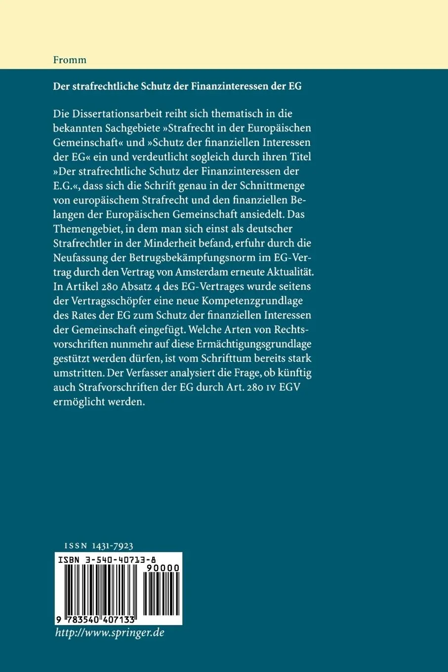 Rückseite: 9783540407133 | Der strafrechtliche Schutz der Finanzinteressen de EG | Fromm | Buch