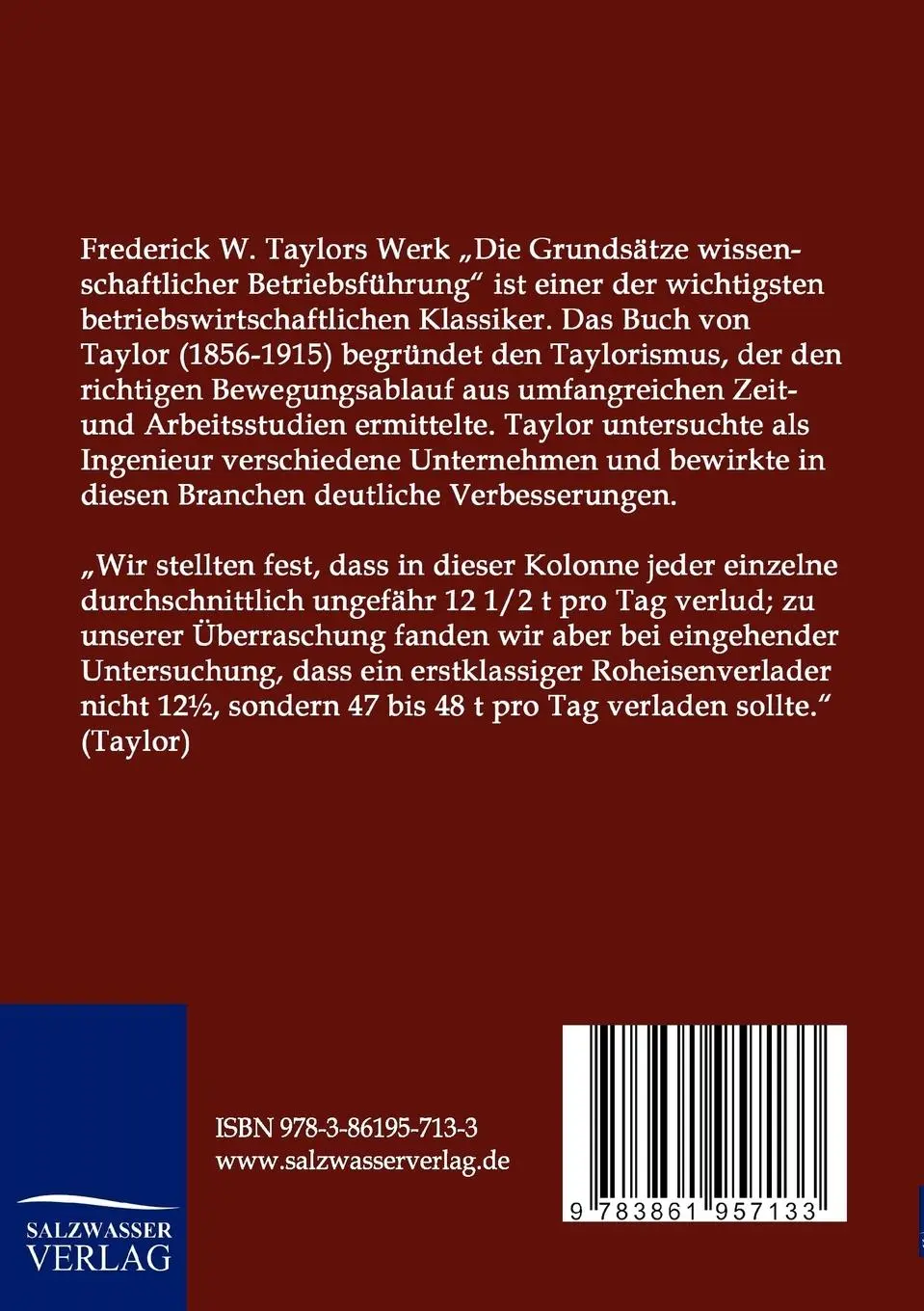 Rückseite: 9783861957133 | Die Grundsätze wissenschaftlicher Betriebsführung | Taylor (u. a.)