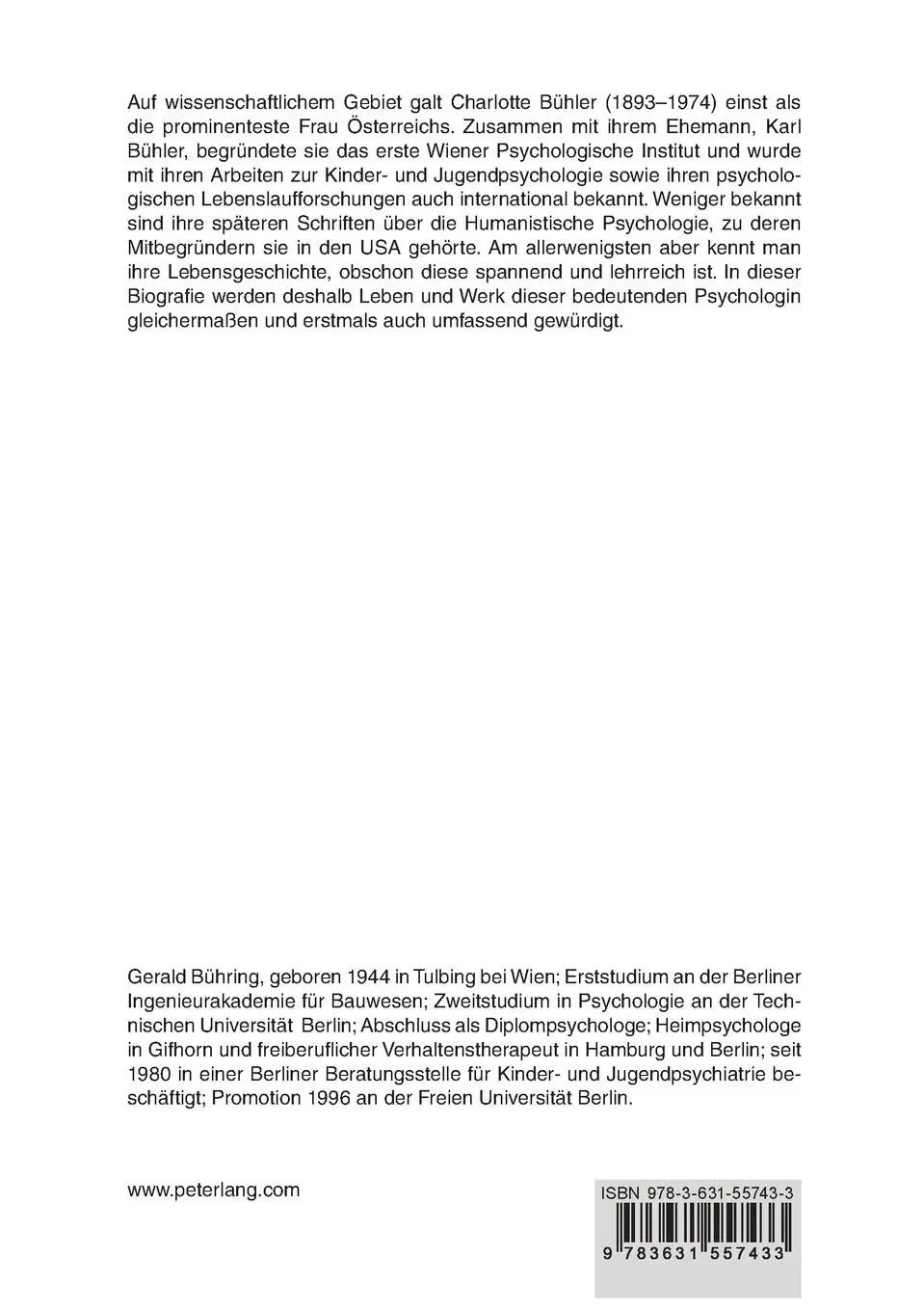 Rückseite: 9783631557433 | Charlotte Bühler | oder Der Lebenslauf als psychologisches Problem