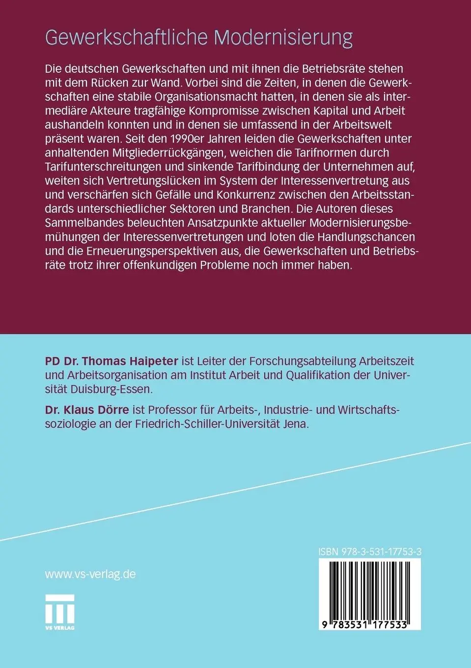Rückseite: 9783531177533 | Gewerkschaftliche Modernisierung | Klaus Dörre (u. a.) | Taschenbuch