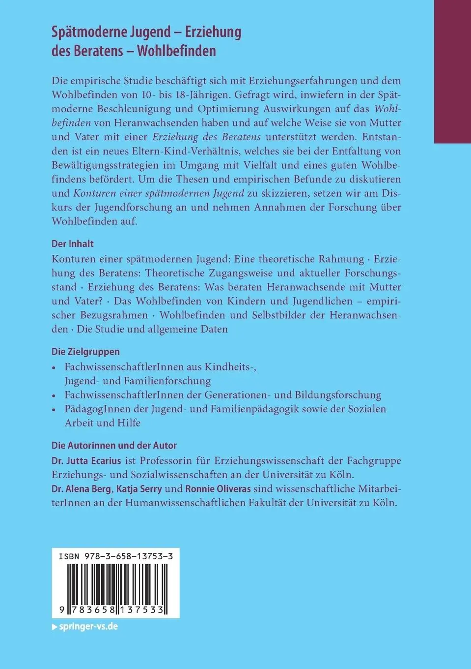 Rückseite: 9783658137533 | Spätmoderne Jugend - Erziehung des Beratens - Wohlbefinden | Buch | ix