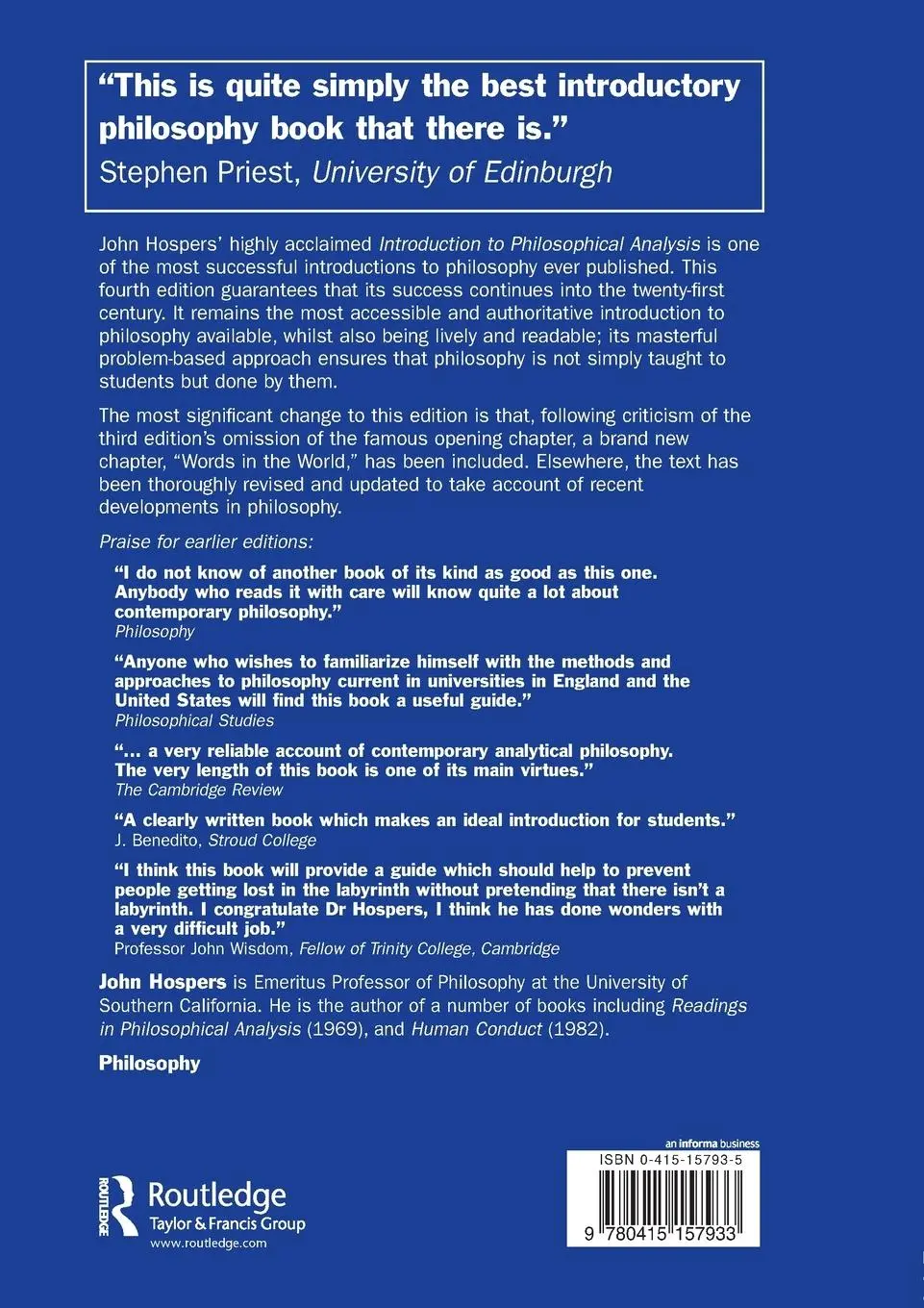 Rückseite: 9780415157933 | An Introduction to Philosophical Analysis | John Hospers | Taschenbuch