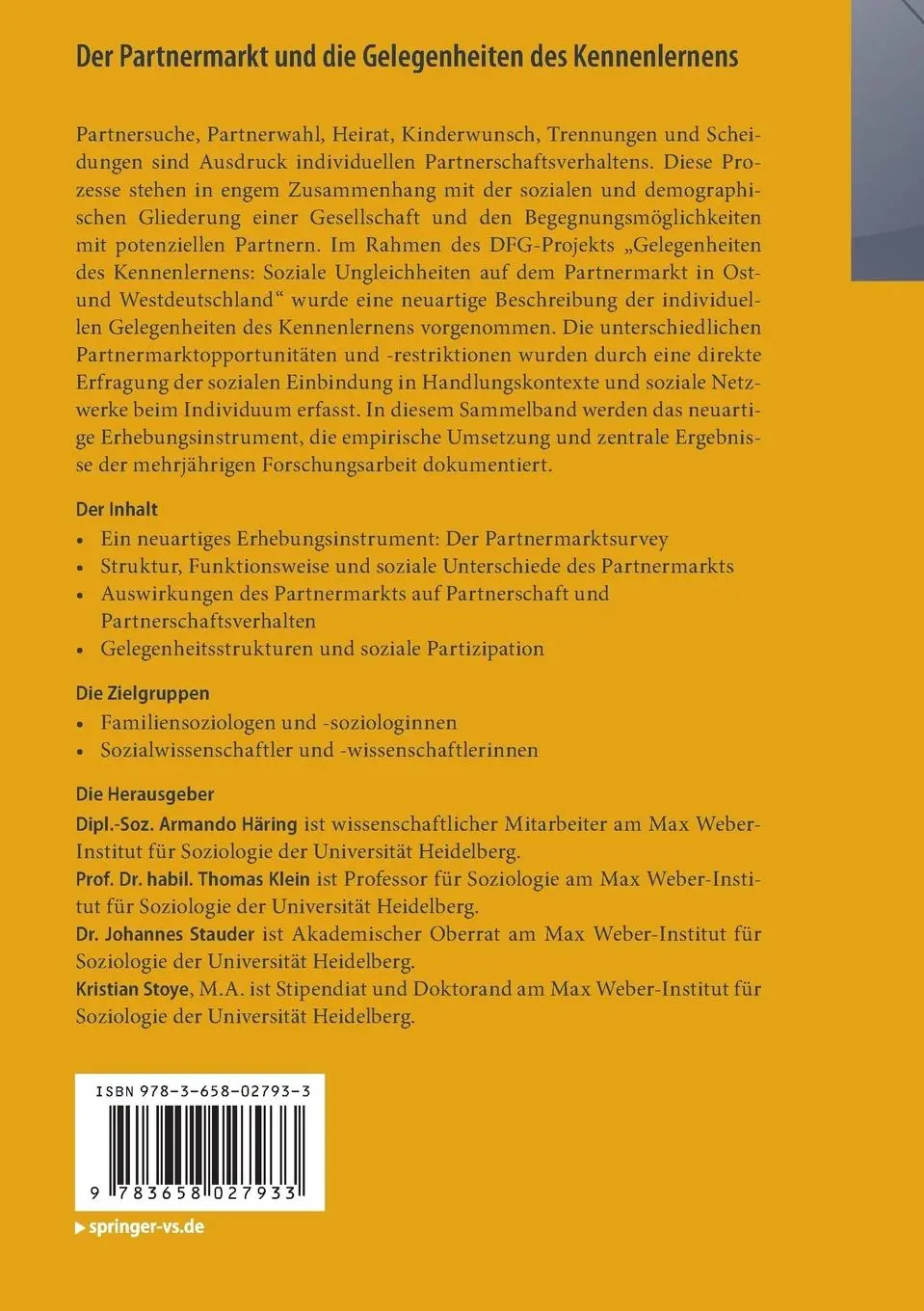 Rückseite: 9783658027933 | Der Partnermarkt und die Gelegenheiten des Kennenlernens | Taschenbuch