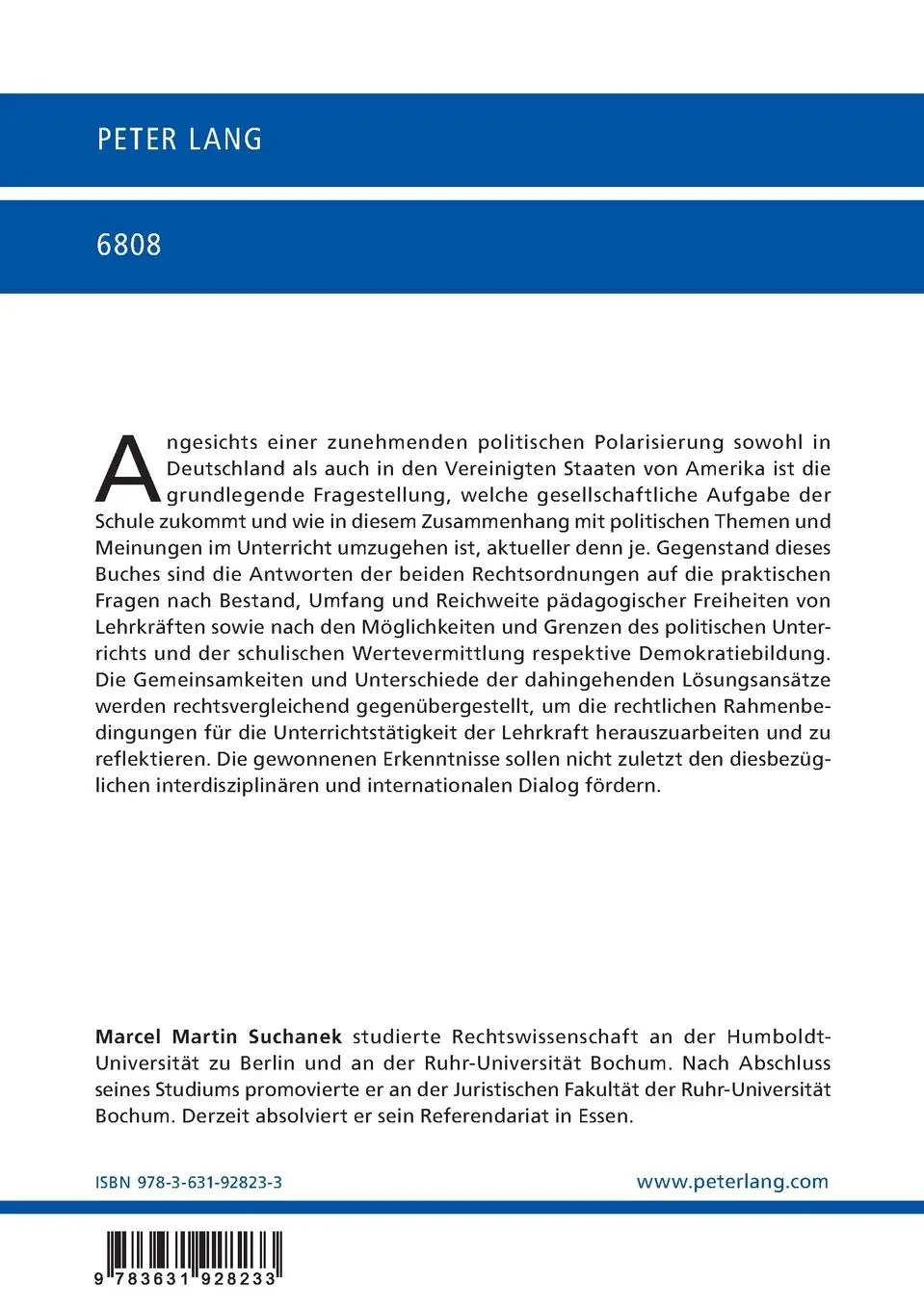 Rückseite: 9783631928233 | Pädagogische Freiheiten und politische Neutralität | Marcel Suchanek