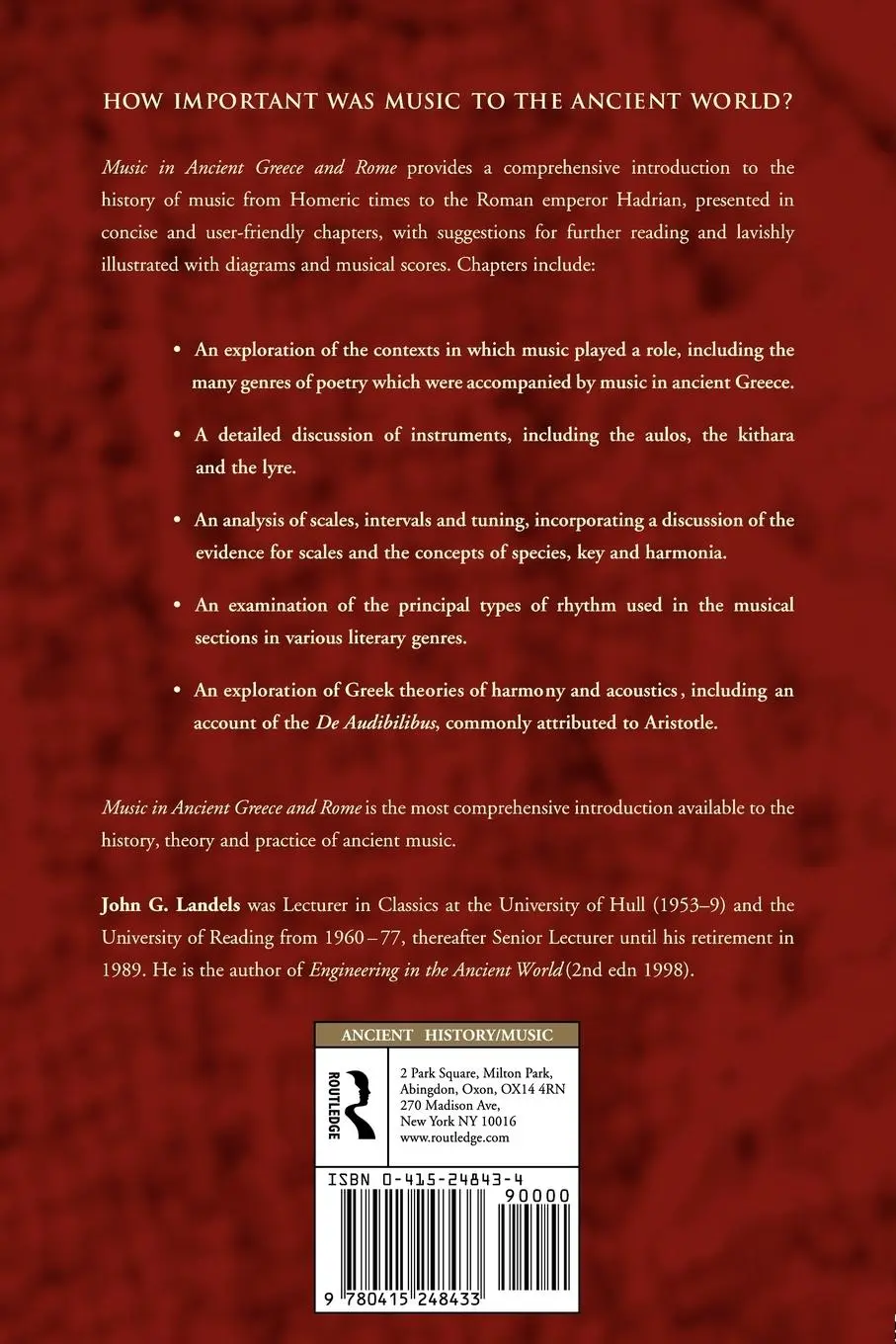 Rückseite: 9780415248433 | Music in Ancient Greece and Rome | John G Landels | Taschenbuch | 2000