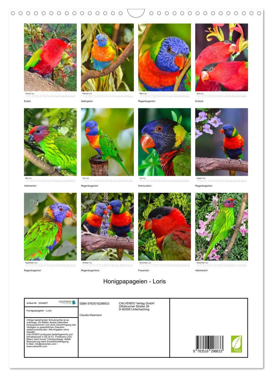 Bild: 9783516298833 | Honigpapageien - Loris (Wandkalender 2026 DIN A3 hoch), CALVENDO...