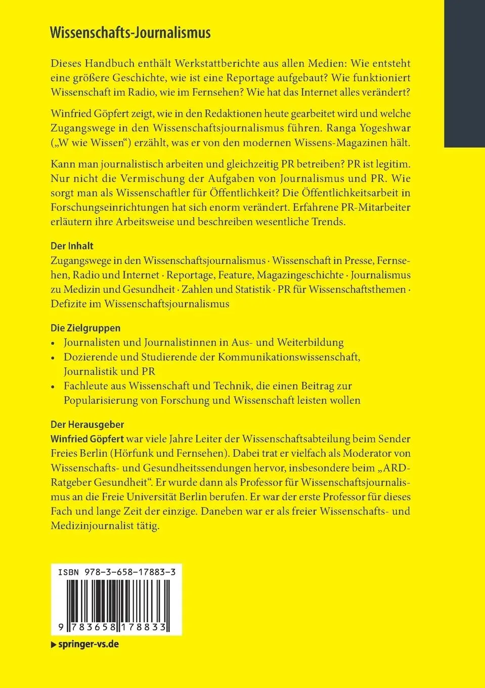 Rückseite: 9783658178833 | Wissenschafts-Journalismus | Ein Handbuch für Ausbildung und Praxis