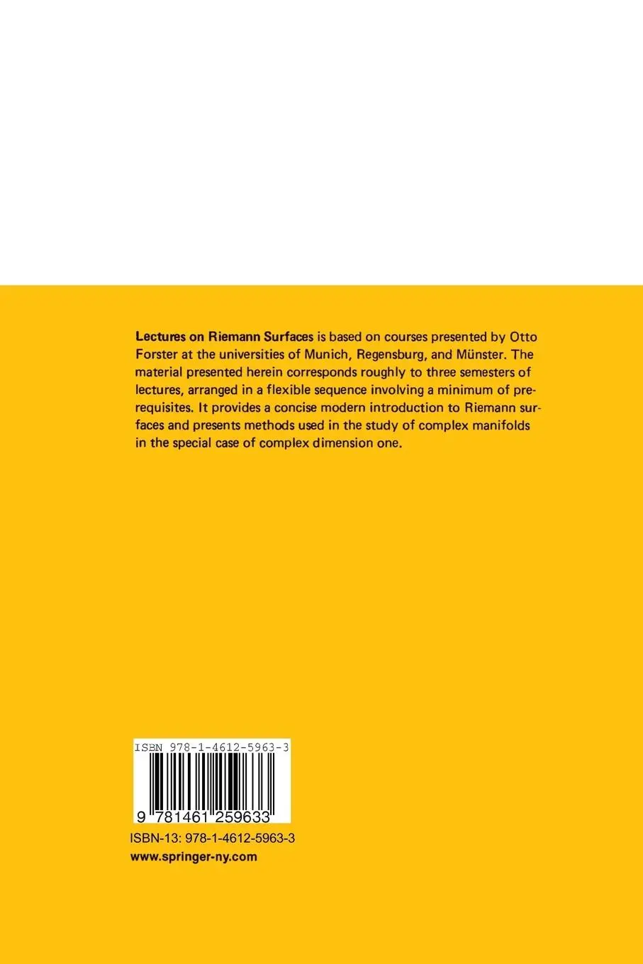 Rückseite: 9781461259633 | Lectures on Riemann Surfaces | Otto Forster | Taschenbuch | viii
