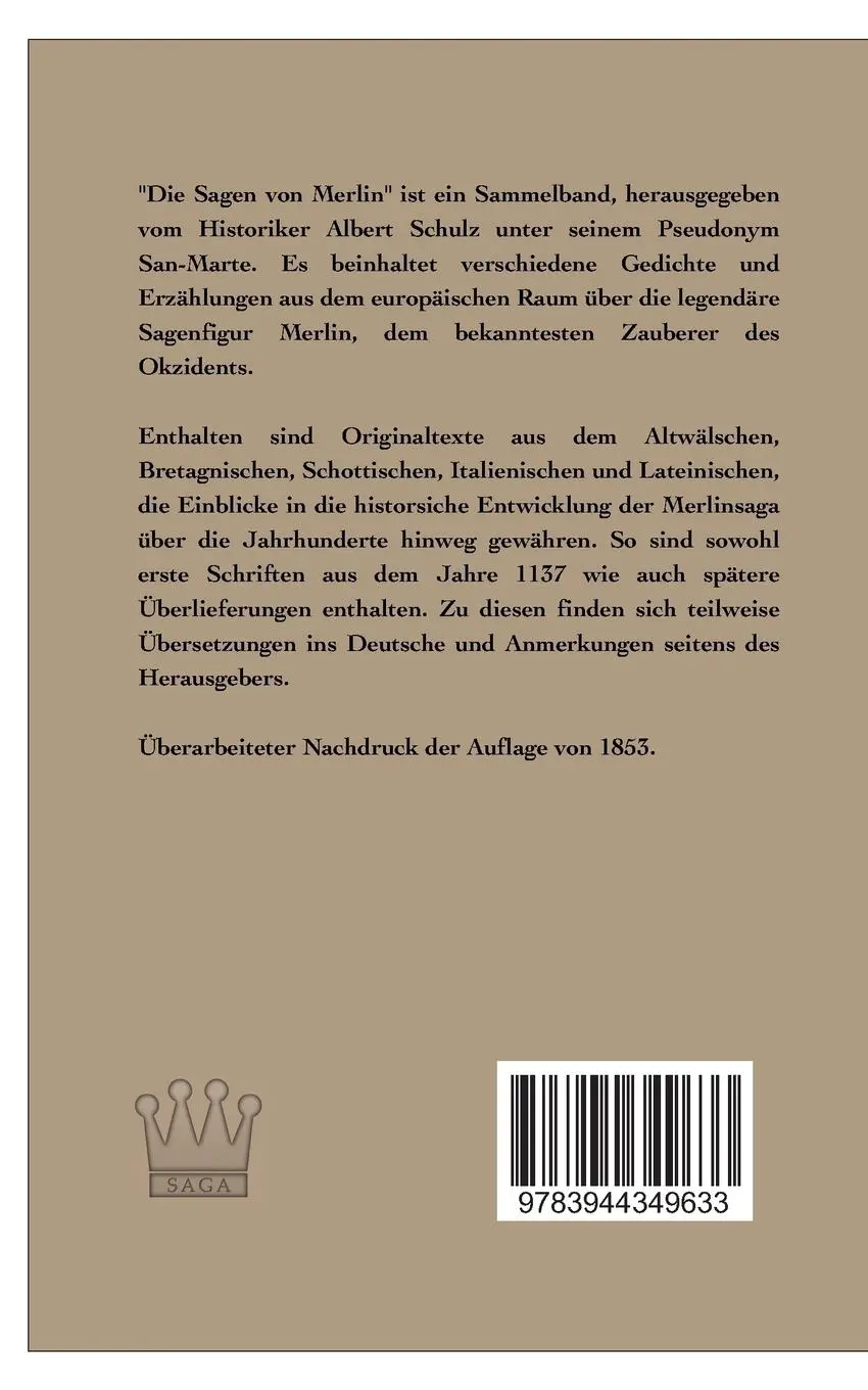 Rückseite: 9783944349633 | Die Sagen von Merlin | Anonymus San-Marte | Taschenbuch | 360 S.