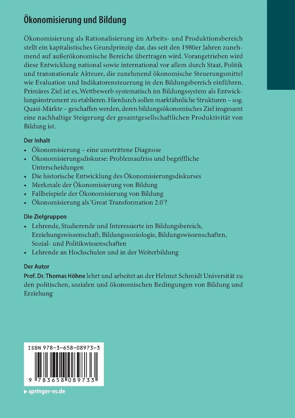 Rückseite: 9783658089733 | Ökonomisierung und Bildung | Thomas Höhne | Taschenbuch | ix | Deutsch