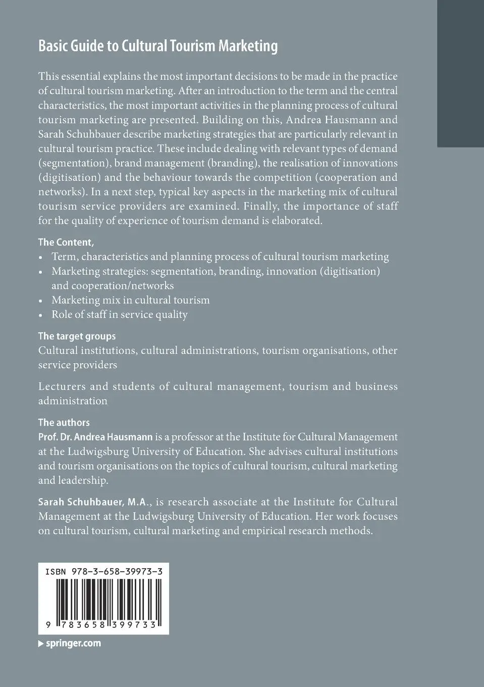 Rückseite: 9783658399733 | Basic Guide to Cultural Tourism Marketing | Sarah Schuhbauer (u. a.)