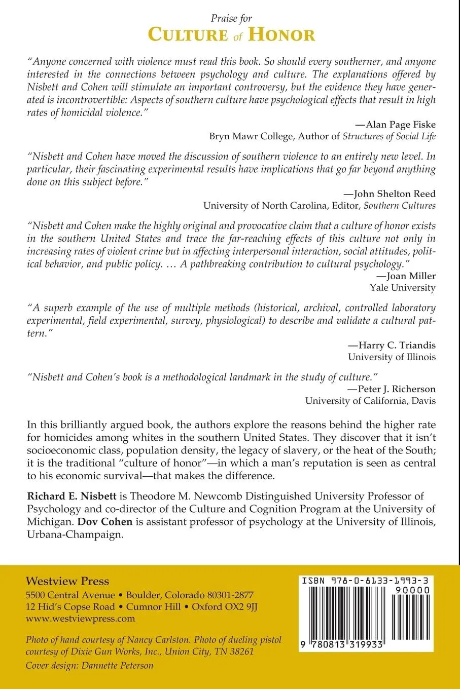 Rückseite: 9780813319933 | Culture Of Honor | The Psychology Of Violence In The South | Buch