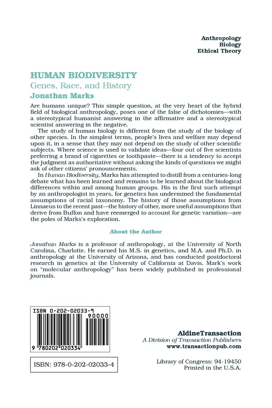 Rückseite: 9780202020334 | Human Biodiversity | Genes, Race, and History | Jonathan Marks | Buch