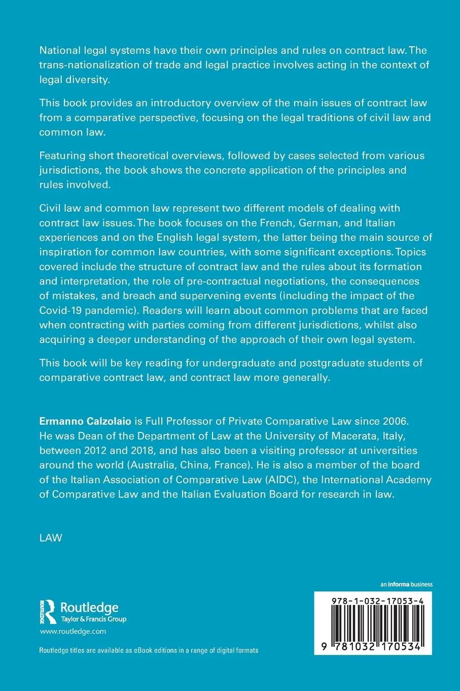 Rückseite: 9781032170534 | Comparative Contract Law | An Introduction | Ermanno Calzolaio | Buch