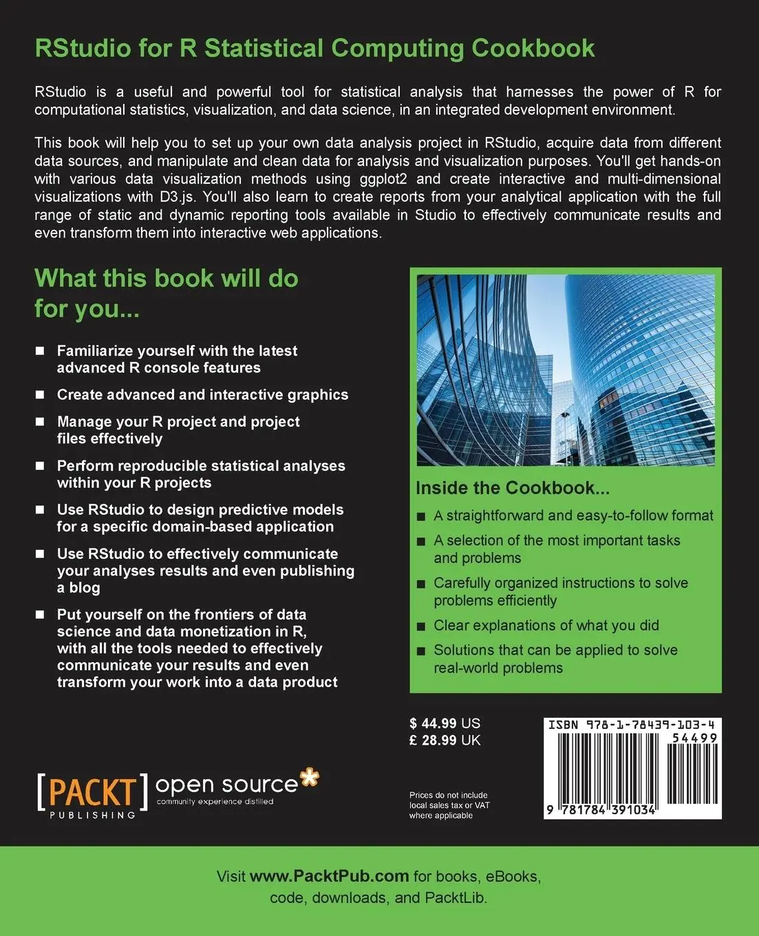 Rückseite: 9781784391034 | RStudio for R Statistical Computing Cookbook | Andrea Cirillo | Buch