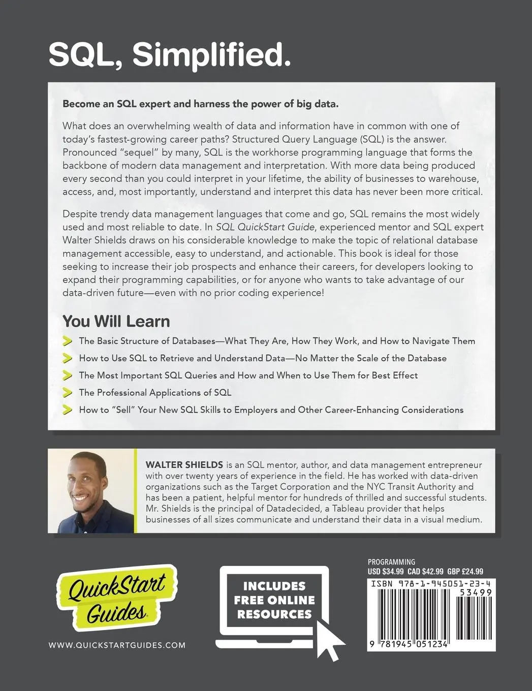 Rückseite: 9781945051234 | SQL QuickStart Guide | Walter Shields | Buch | Englisch | 2019