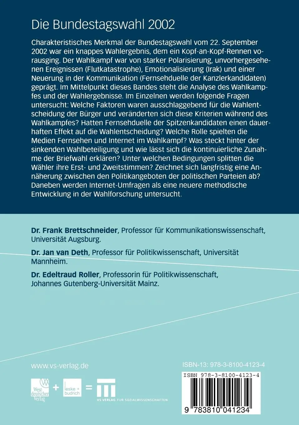 Rückseite: 9783810041234 | Die Bundestagswahl 2002 | Frank Brettschneider (u. a.) | Taschenbuch