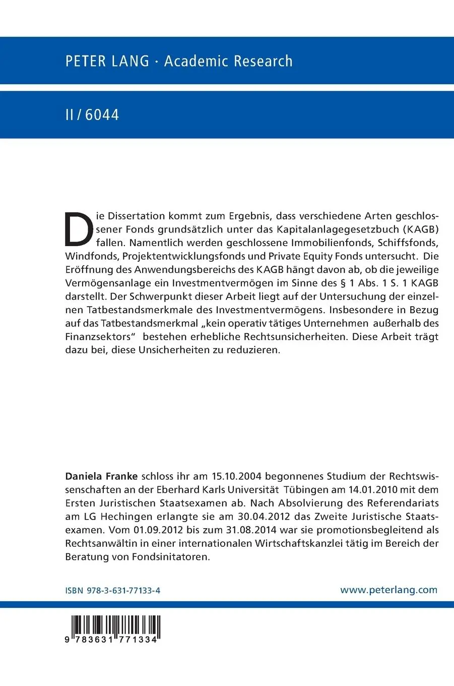Rückseite: 9783631771334 | Die Anwendung des Kapitalanlagegesetzbuchs auf geschlossene Fonds