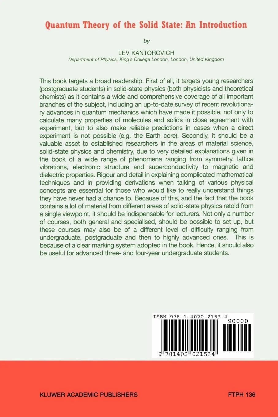 Rückseite: 9781402021534 | Quantum Theory of the Solid State | An Introduction | Lev Kantorovich