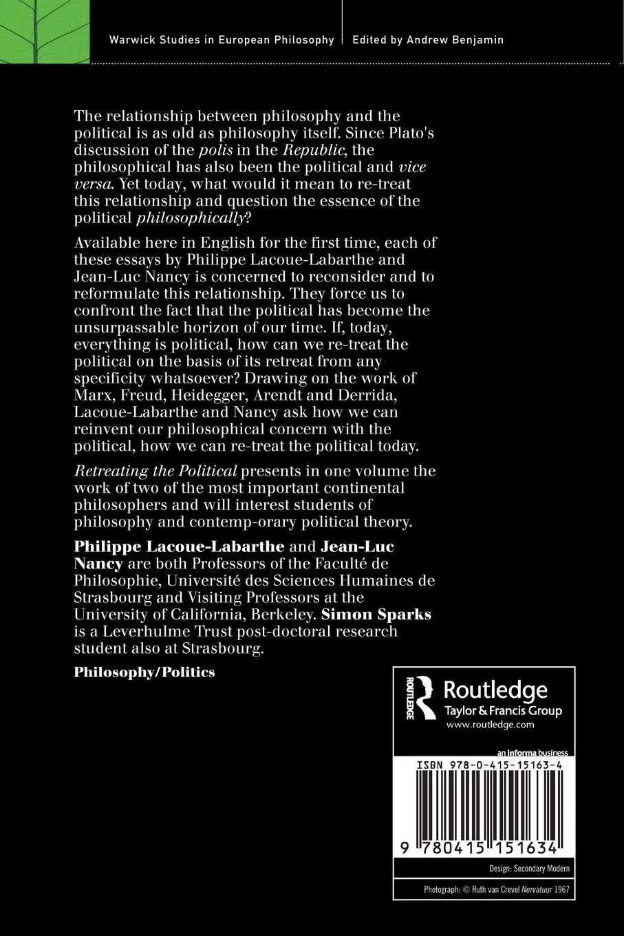 Rückseite: 9780415151634 | Retreating the Political | Phillippe Lacoue-Labarthe (u. a.) | Buch