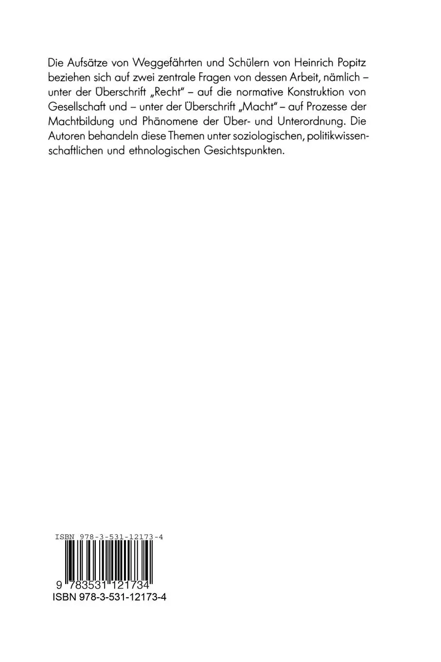 Rückseite: 9783531121734 | Macht und Recht | Festschrift für Heinrich Popitz zum 65. Geburtstag