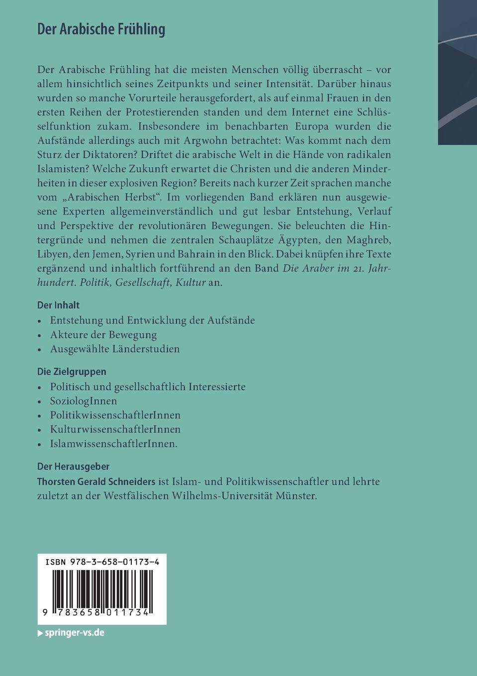 Rückseite: 9783658011734 | Der Arabische Frühling | Hintergründe und Analysen | Schneiders | Buch