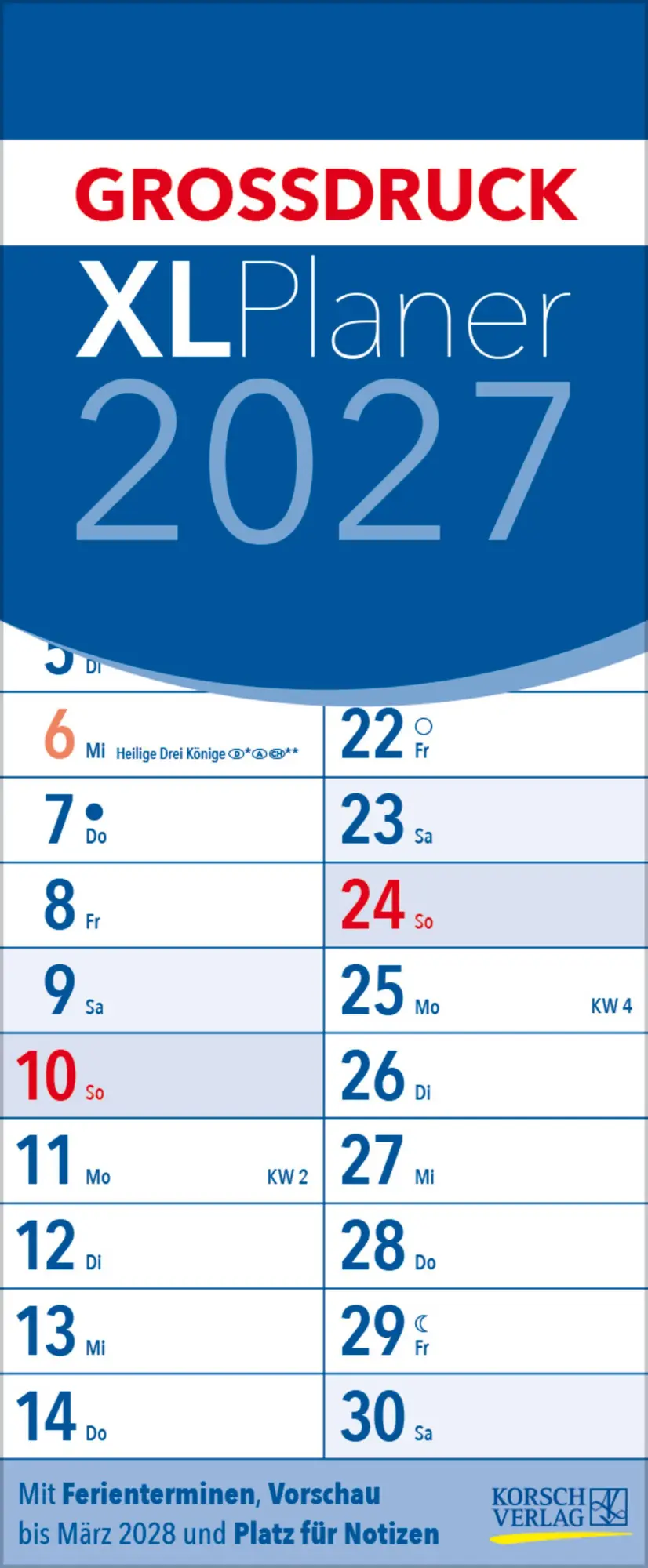 Cover: 9783819301834 | XL Planer Großdruck 2027 | Verlag Korsch | Kalender | 12 S. | Deutsch