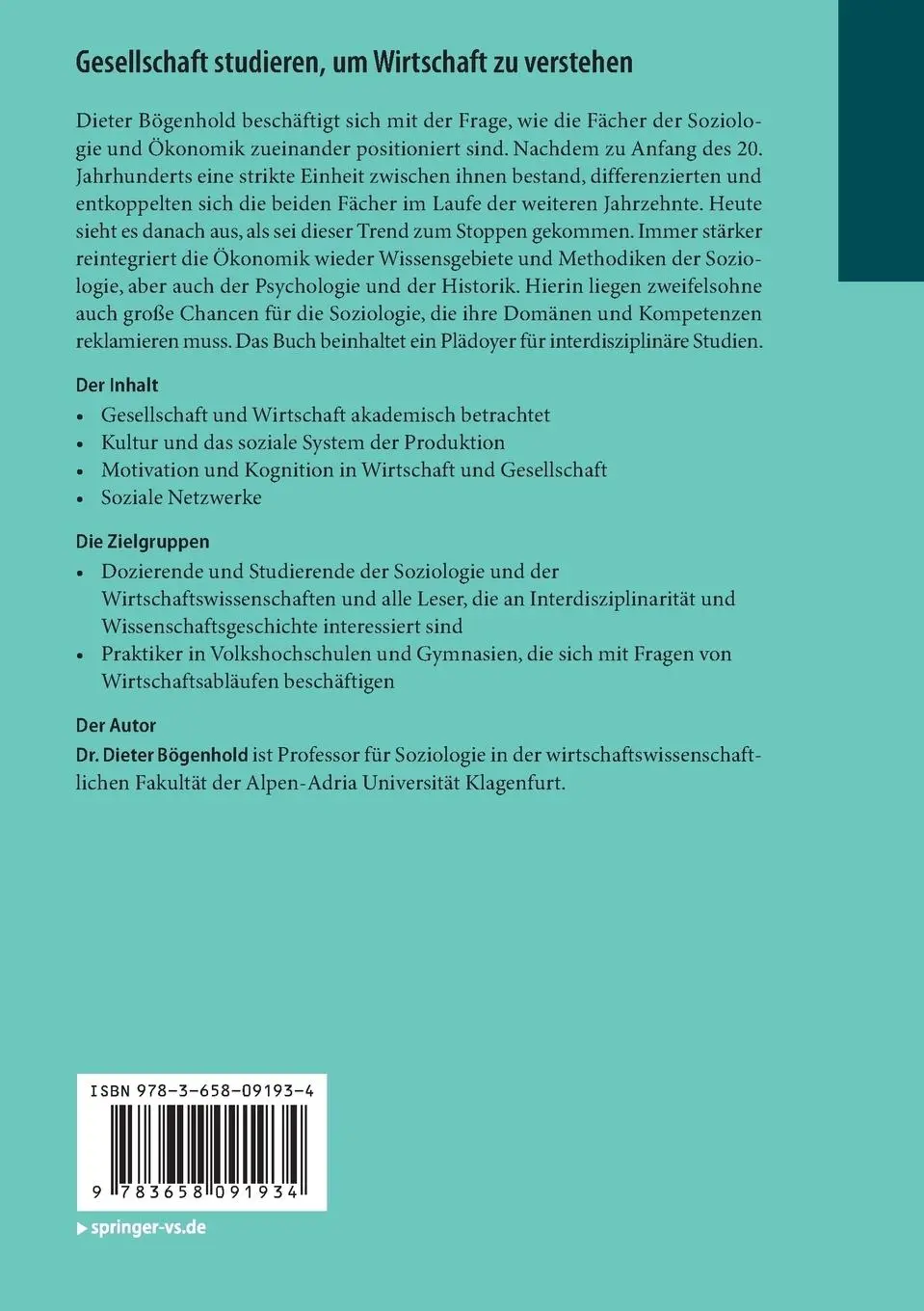 Rückseite: 9783658091934 | Gesellschaft studieren, um Wirtschaft zu verstehen | Dieter Bögenhold