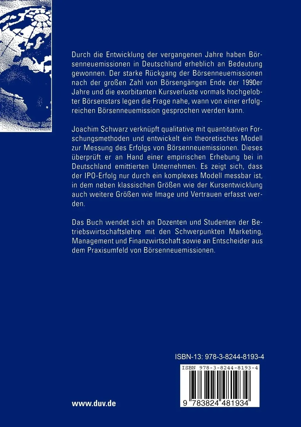 Rückseite: 9783824481934 | Erfolg von Börsenneuemissionen am deutschen Aktienmarkt | Schwarz