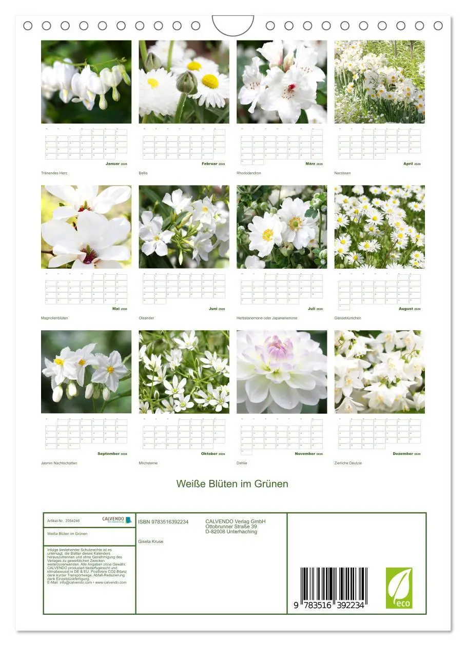 Bild: 9783516392234 | Weiße Blüten im Grünen (Wandkalender 2026 DIN A4 hoch), CALVENDO...