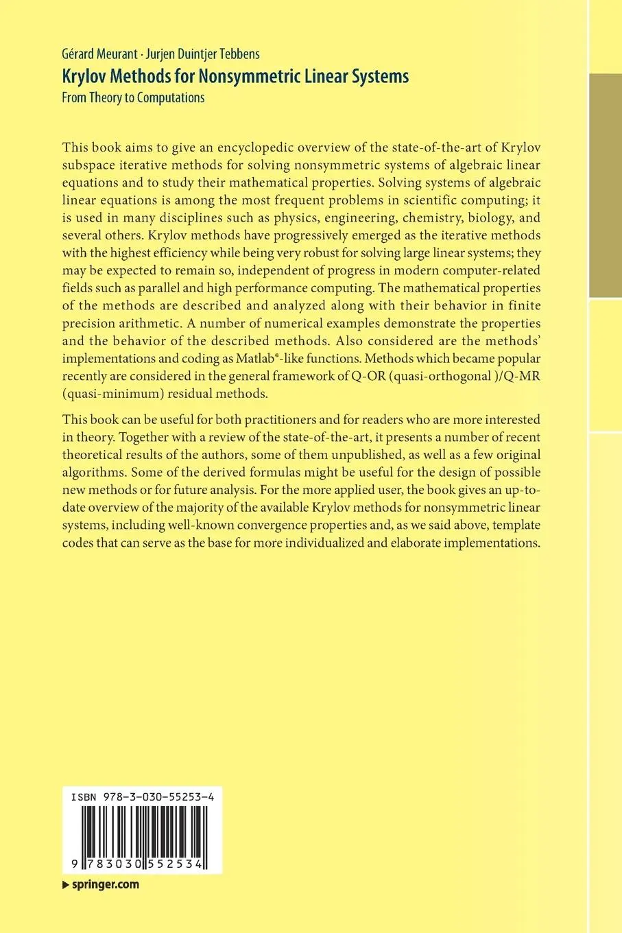 Rückseite: 9783030552534 | Krylov Methods for Nonsymmetric Linear Systems | Tebbens (u. a.) | xiv