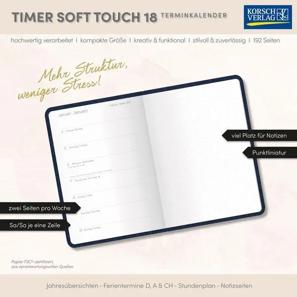 Bild: 9783819302534 | Timer Soft Touch 18 Monate dunkelblau 2027/2028 | Korsch Verlag | 2028