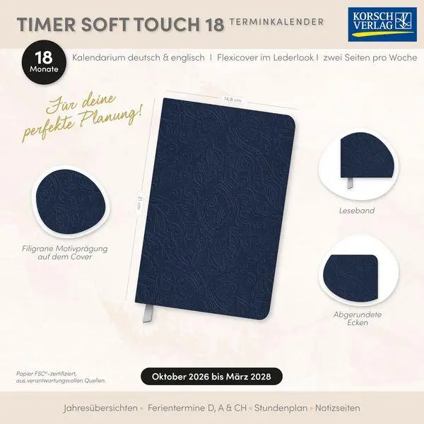 Bild: 9783819302534 | Timer Soft Touch 18 Monate dunkelblau 2027/2028 | Korsch Verlag | 2028