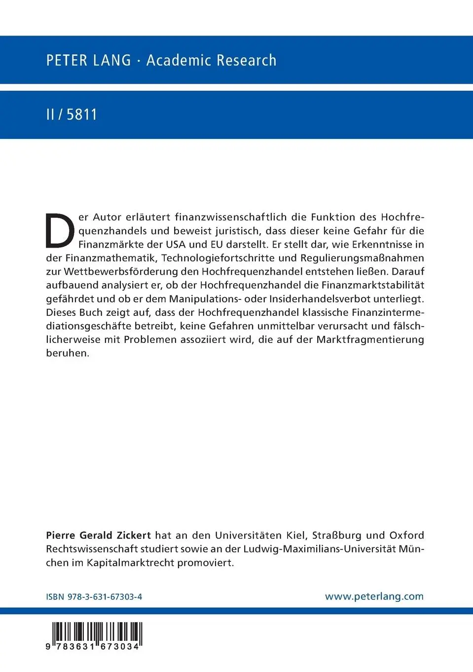 Rückseite: 9783631673034 | Regulierung des Hochfrequenzhandels in US- und EU-Aktienmärkten | Buch