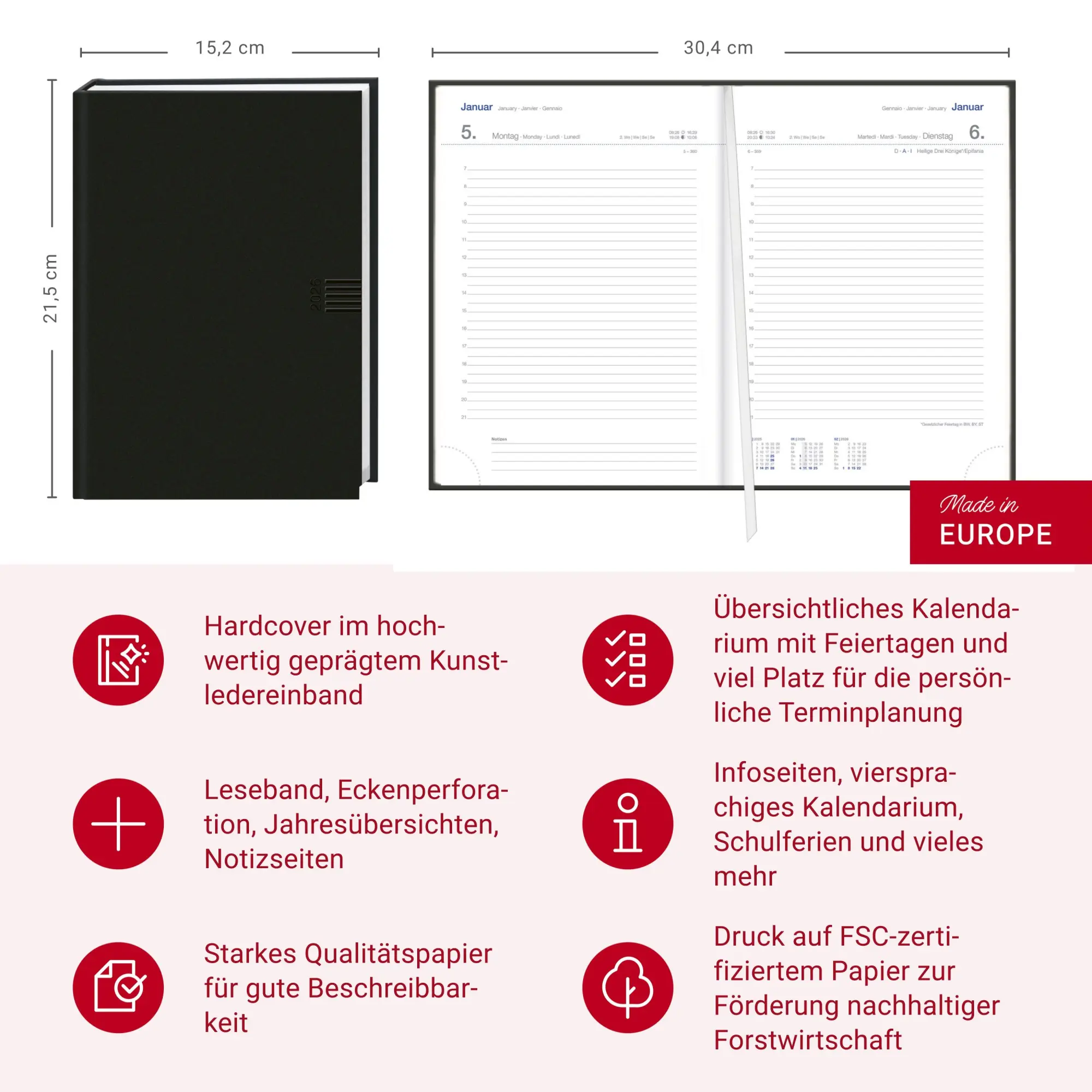 Bild: 9783756413034 | Tages-Cheftimer A5, schwarz 2026 | Heye | Buch | Bürokalender Heye