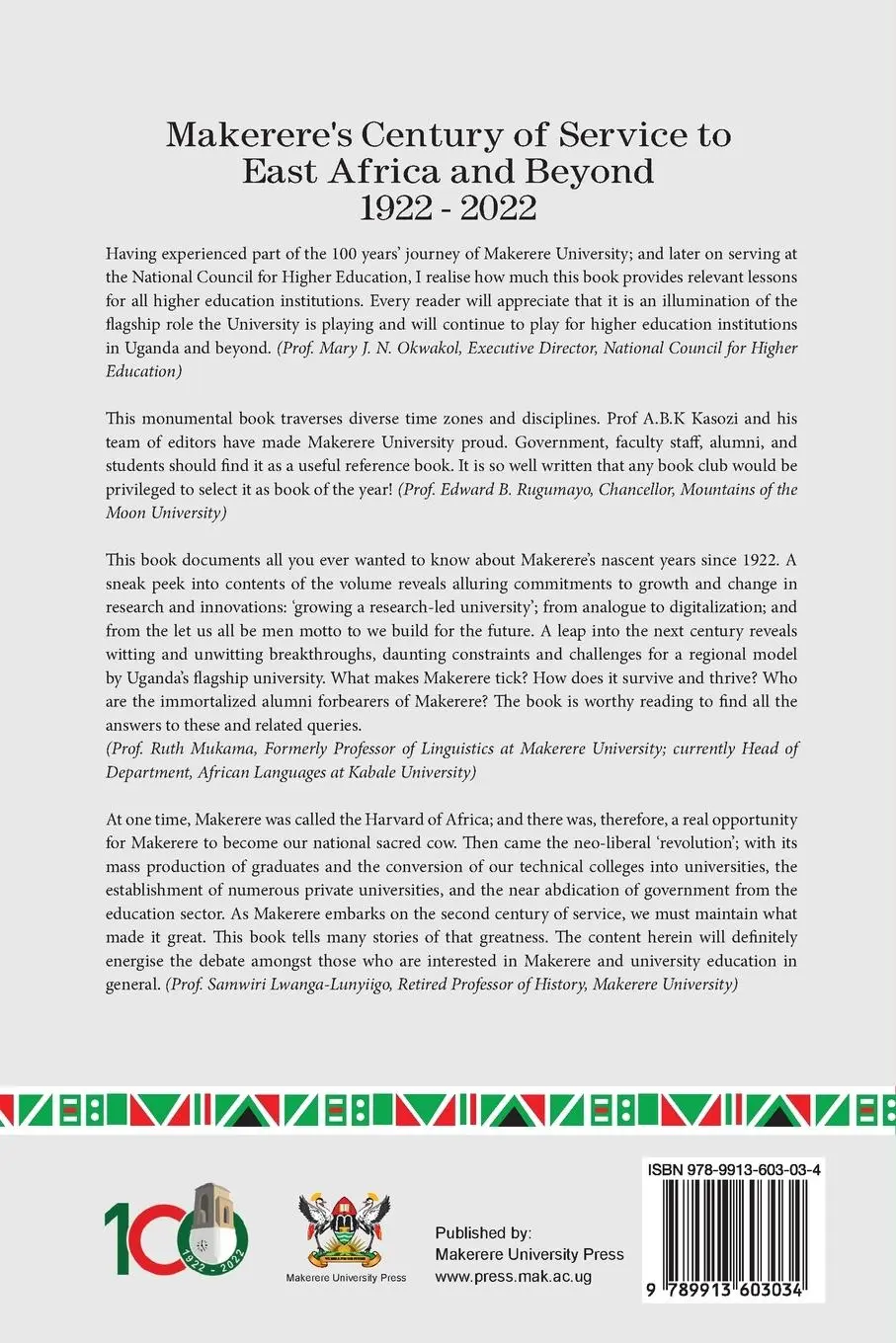 Rückseite: 9789913603034 | Makerere's Century of Service to East Africa and Beyond, 1922-2022