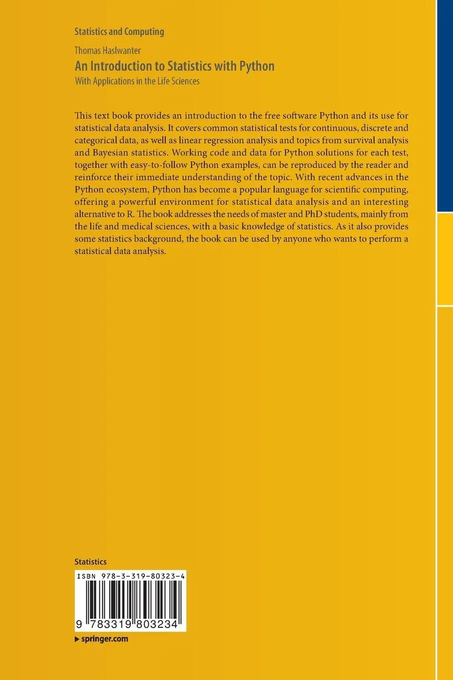 Rückseite: 9783319803234 | An Introduction to Statistics with Python | Thomas Haslwanter | Buch