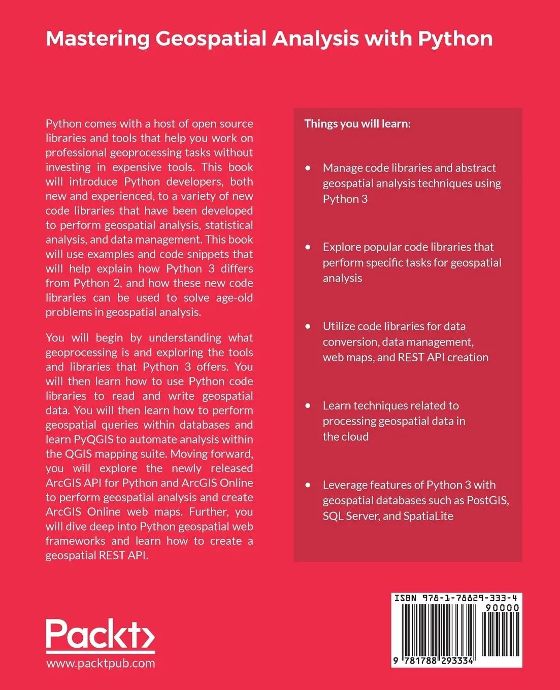 Rückseite: 9781788293334 | Mastering Geospatial Analysis with Python | Silas Toms (u. a.) | Buch