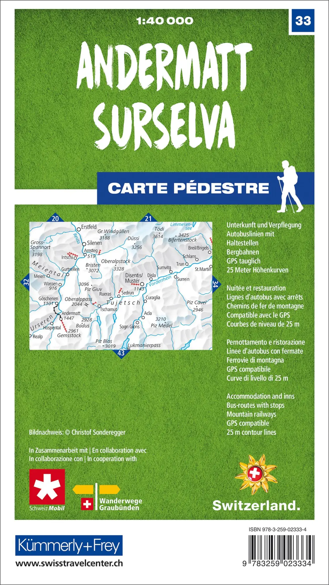 Rückseite: 9783259023334 | Andermatt - Surselva 33 Wanderkarte 1:40 000 matt laminiert | Deutsch