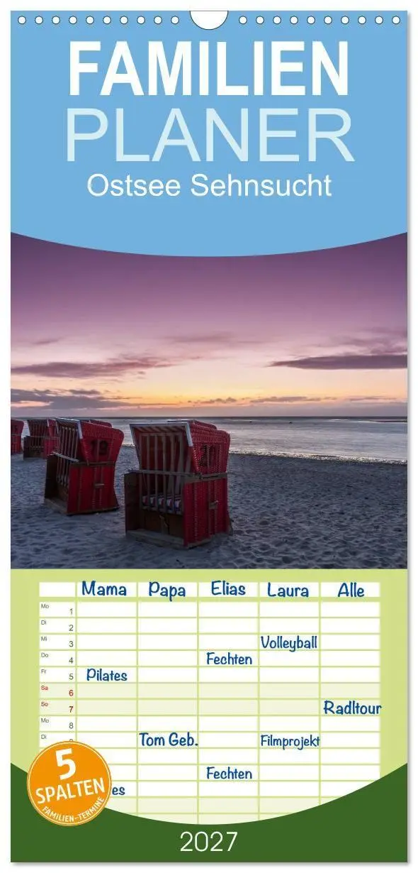 Familienplaner 2027 - Ostsee Sehnsucht mit 5 Spalten (Wandkalender, 21 x 45 cm) CALVENDO