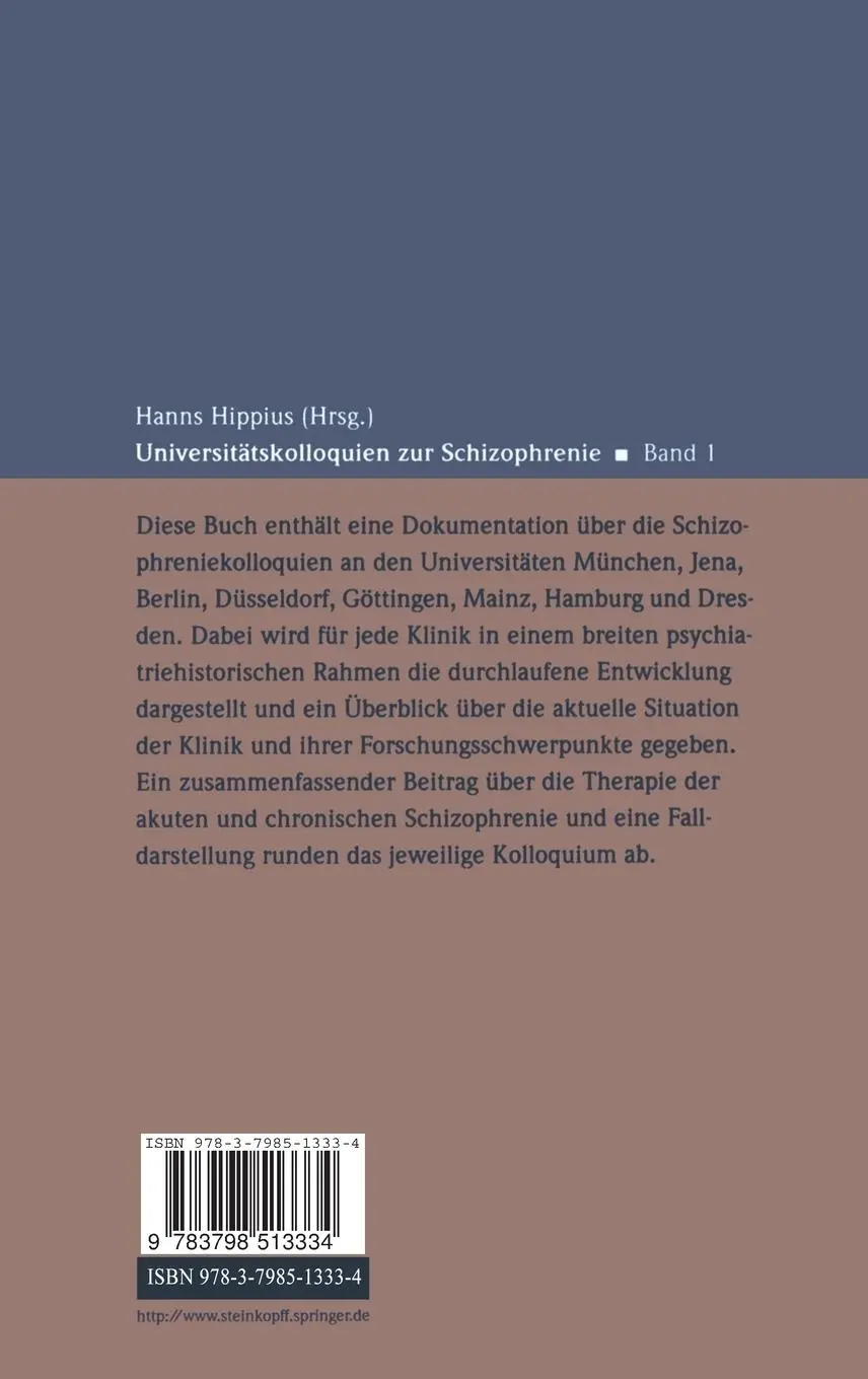 Rückseite: 9783798513334 | Universitätskolloquien zur Schizophrenie | Band 1 | Hanns Hippius