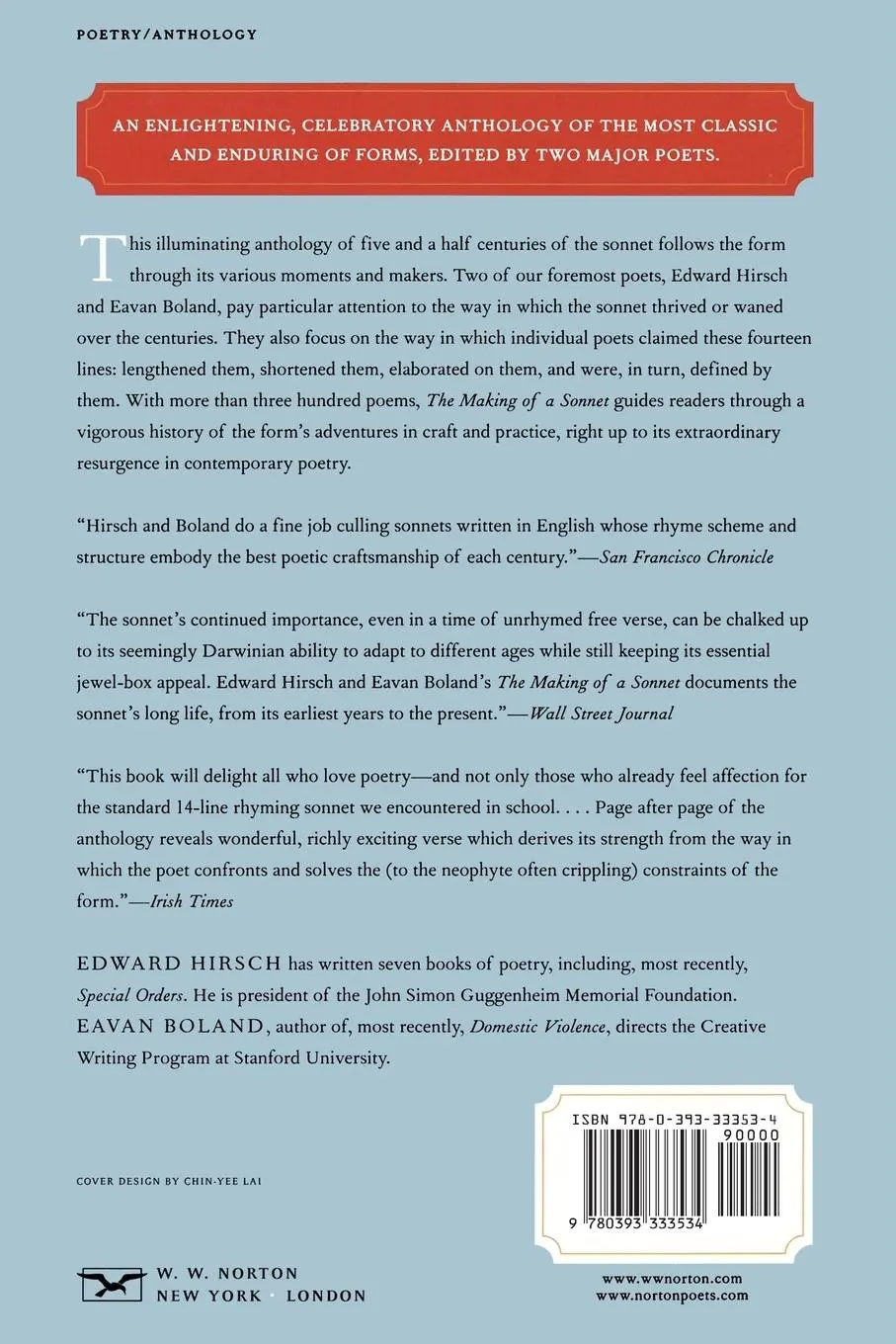 Rückseite: 9780393333534 | Making of a Sonnet | Eavan Boland (u. a.) | Taschenbuch | Englisch