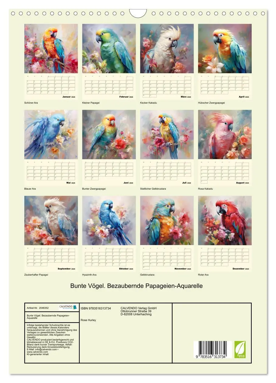 Bild: 9783516313734 | Bunte Vögel. Bezaubernde Papageien-Aquarelle (Wandkalender 2026 DIN...