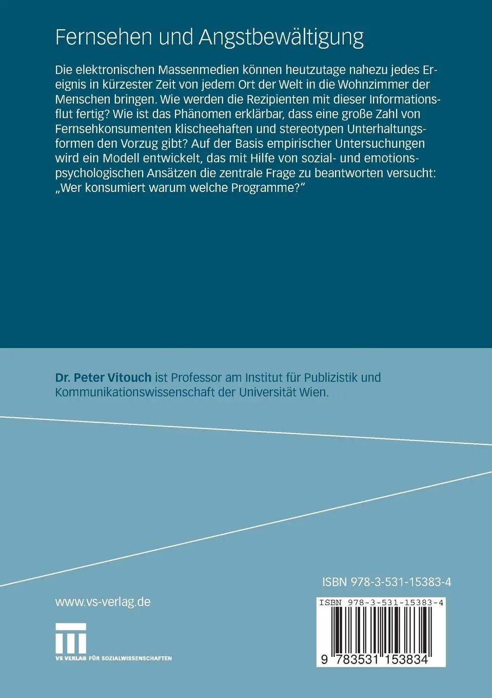 Rückseite: 9783531153834 | Fernsehen und Angstbewältigung | Zur Typologie des Zuschauerverhaltens