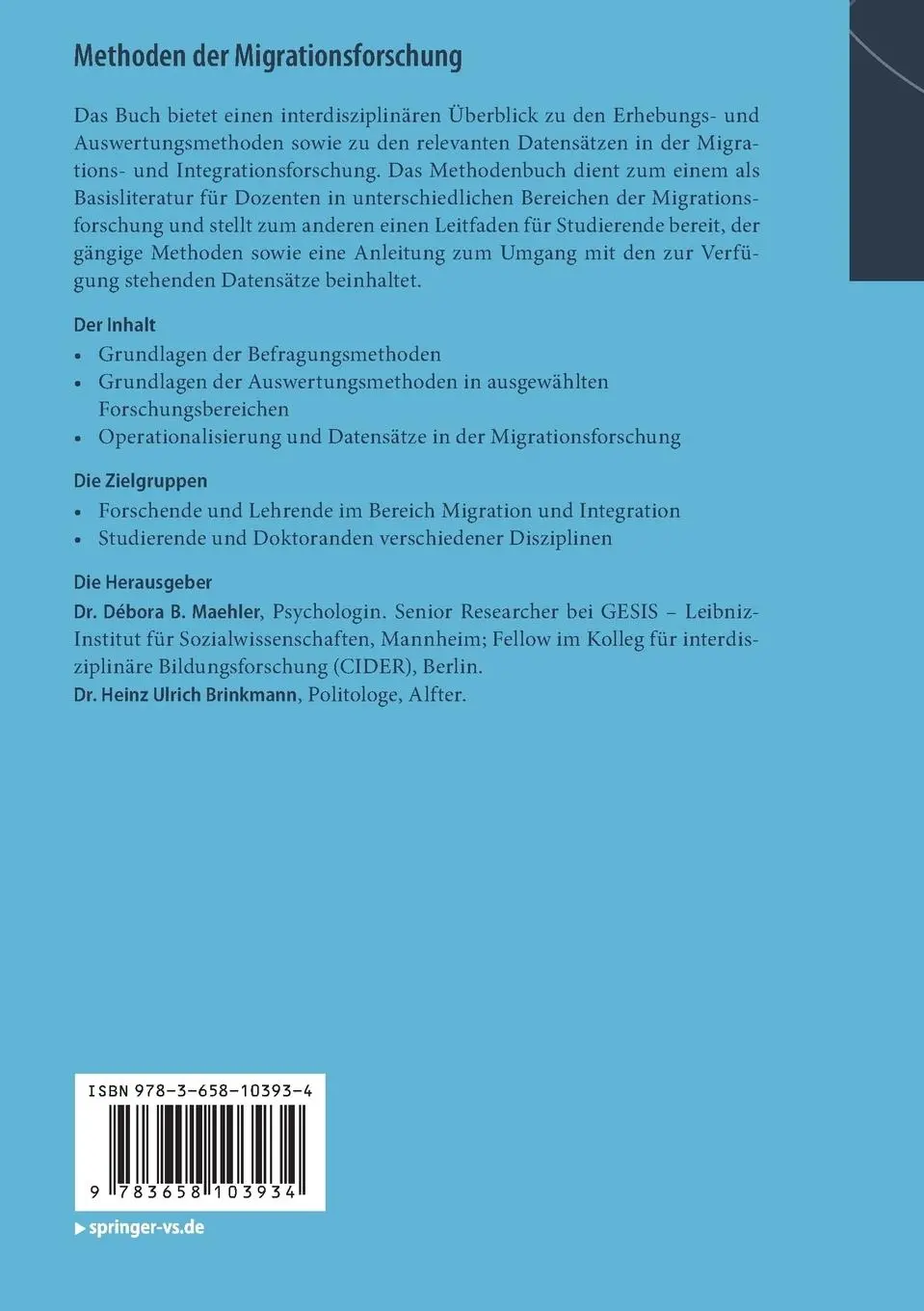 Rückseite: 9783658103934 | Methoden der Migrationsforschung | Heinz Ulrich Brinkmann (u. a.) | vi