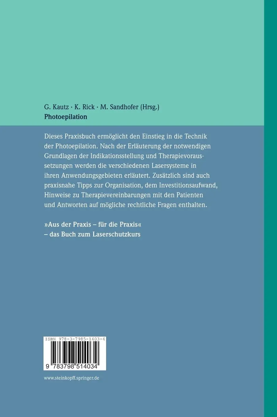 Rückseite: 9783798514034 | Photoepilation | G. Kautz (u. a.) | Buch | x | Deutsch | 2004