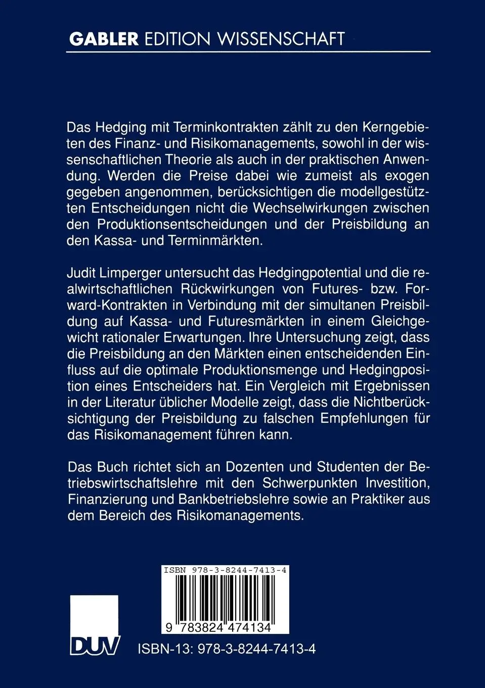 Rückseite: 9783824474134 | Hedging mit Terminkontrakten | Judit Limperger | Taschenbuch | xx
