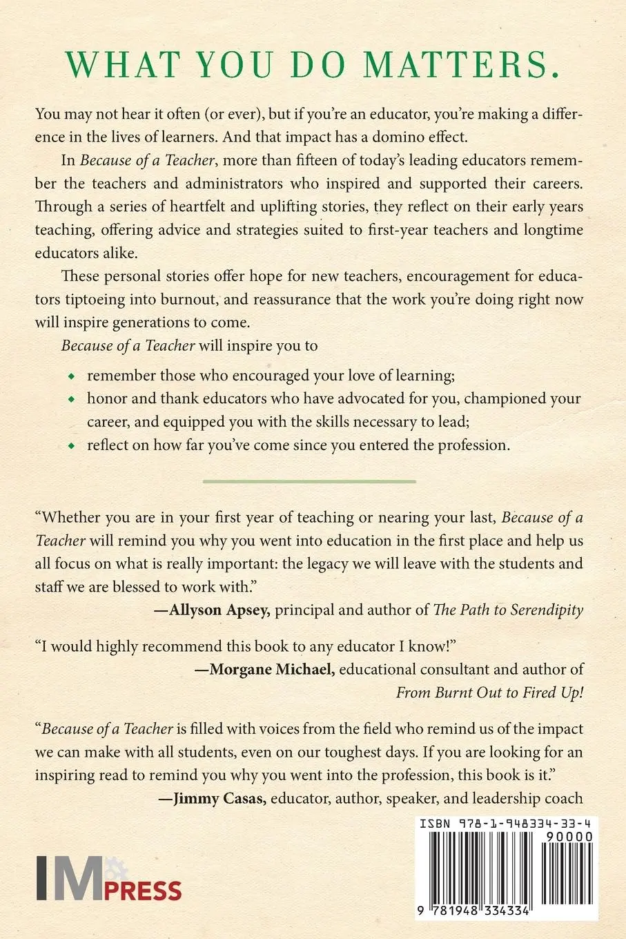 Rückseite: 9781948334334 | Because of a Teacher | George Couros | Taschenbuch | Englisch | 2021