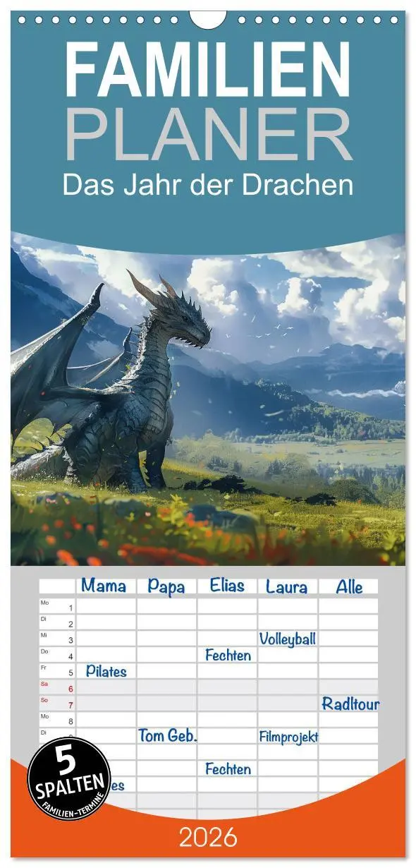 Cover: 9783516494334 | Familienplaner 2026 - Das Jahr der Drachen mit 5 Spalten...