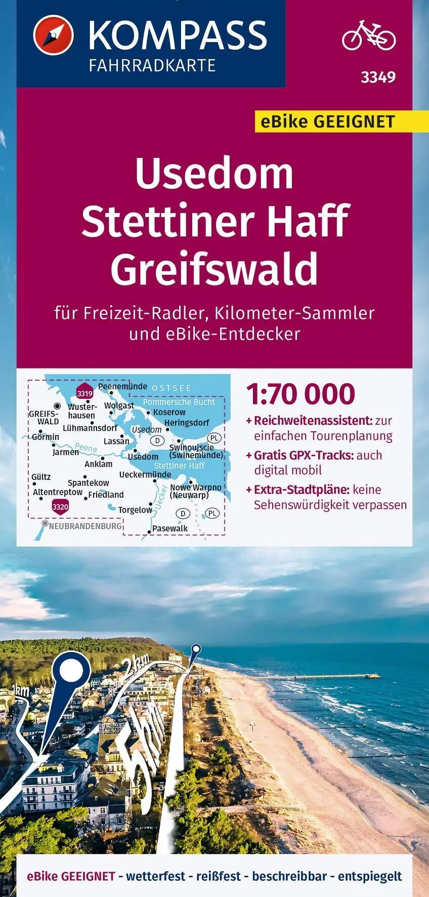 Cover: 9783991214434 | KOMPASS Fahrradkarte 3349 Usedom, Stettiner Haff, Greifswald 1:70.000